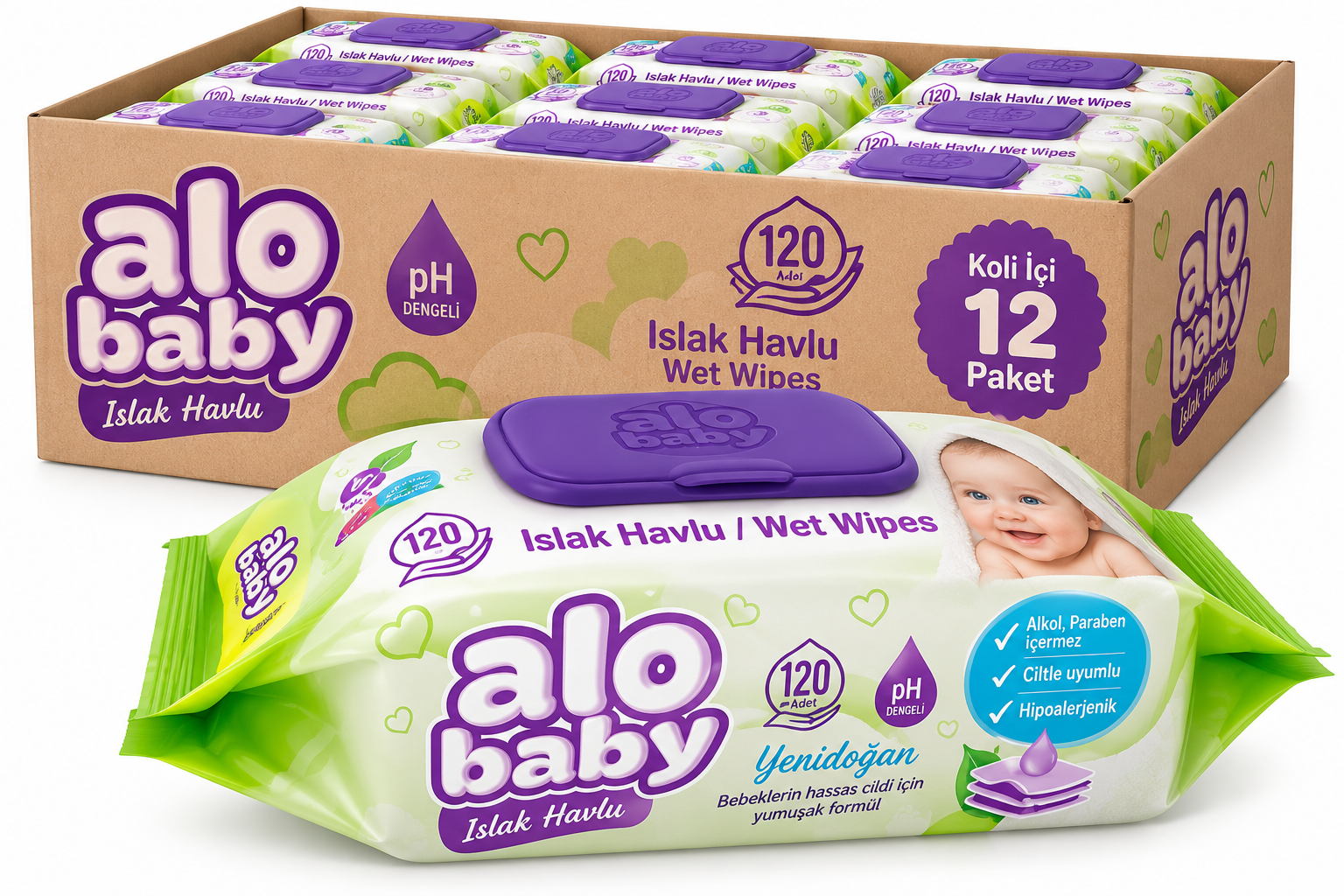 ALOBABY ISLAK HAVLU 120 Lİ (KOLİ İÇİ 12 PAKET)
